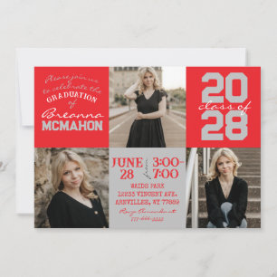 Red & Silver Grey 3 Photo Graduation Invitation