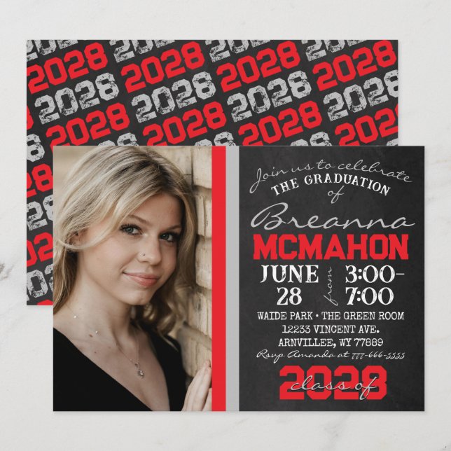 Red & Silver Grey Chalkboard Graduation Photo Invitation (Front/Back)