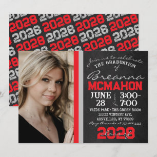 Red & Silver Grey Chalkboard Graduation Photo Invitation