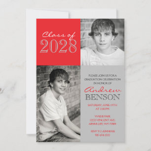 Red & Silver Grey Classic 2 Photo Graduation Invitation