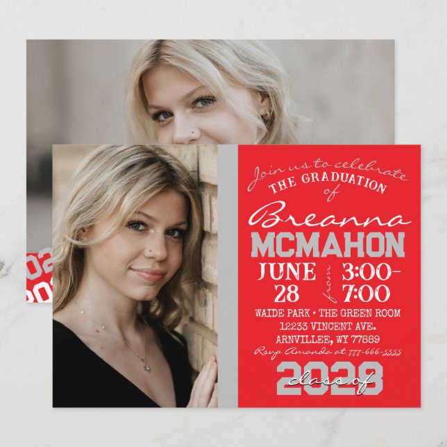 Red & Silver Grey Graduation 2 Photo Invitation (Front/Back)
