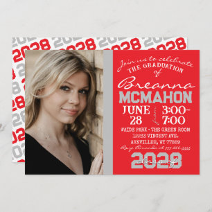 Red & Silver Grey Graduation Photo Invitation