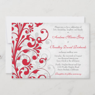 Red Silver Grey Gray Floral Wedding Invitation