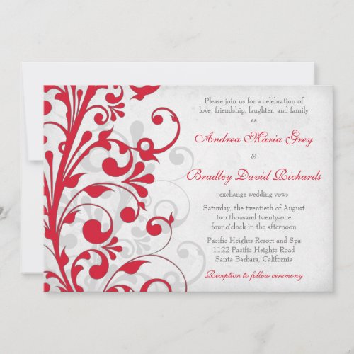 Red Silver Grey Gray Floral Wedding Invitation