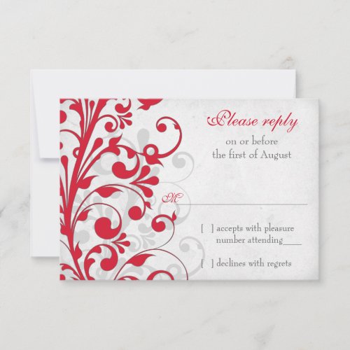 Red Silver Grey Gray Floral Wedding RSVP Reply