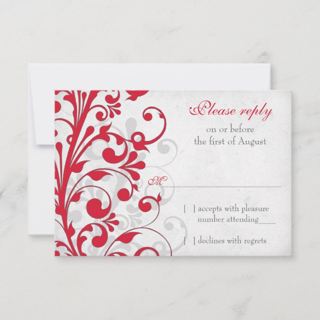 Red Silver Grey Gray Floral Wedding RSVP Reply Card (Front)