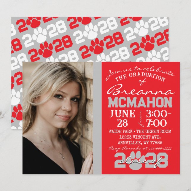 Red & Silver Grey Paw Print Graduation Photo Invitation (Front/Back)