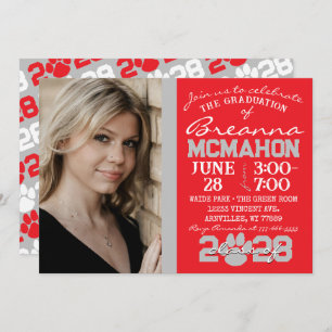 Red & Silver Grey Paw Print Graduation Photo Invitation
