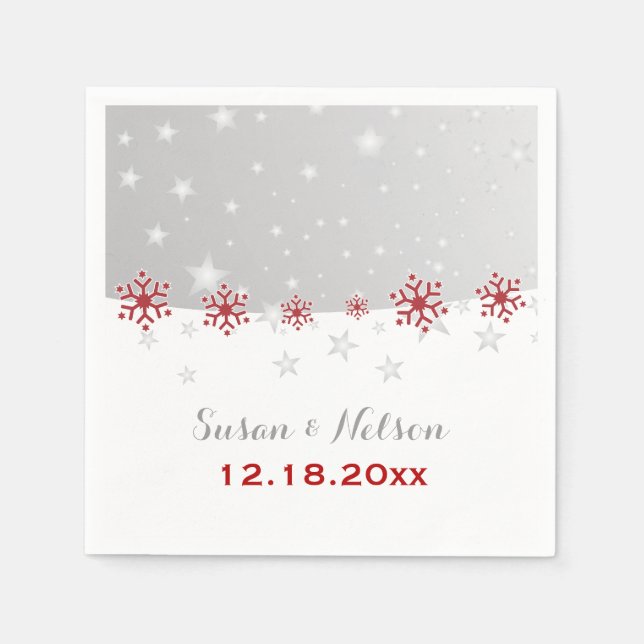 Red, silver grey snowflake modern wedding napkins (Front)
