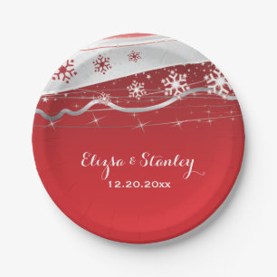 Red, silver grey snowflake modern wedding paper plates