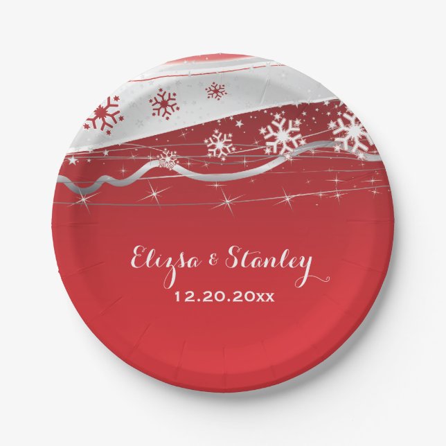 Red, silver grey snowflake modern wedding paper plates (Front)