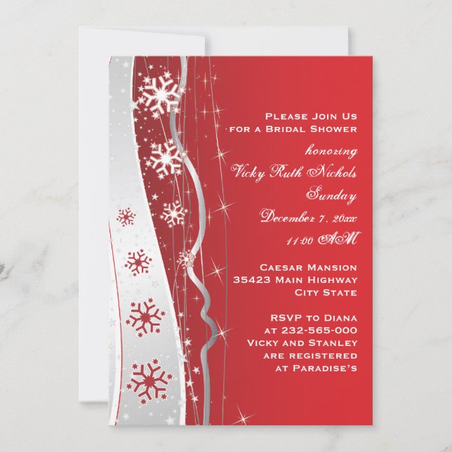 Red, silver grey snowflake wedding bridal shower invitation (Front)
