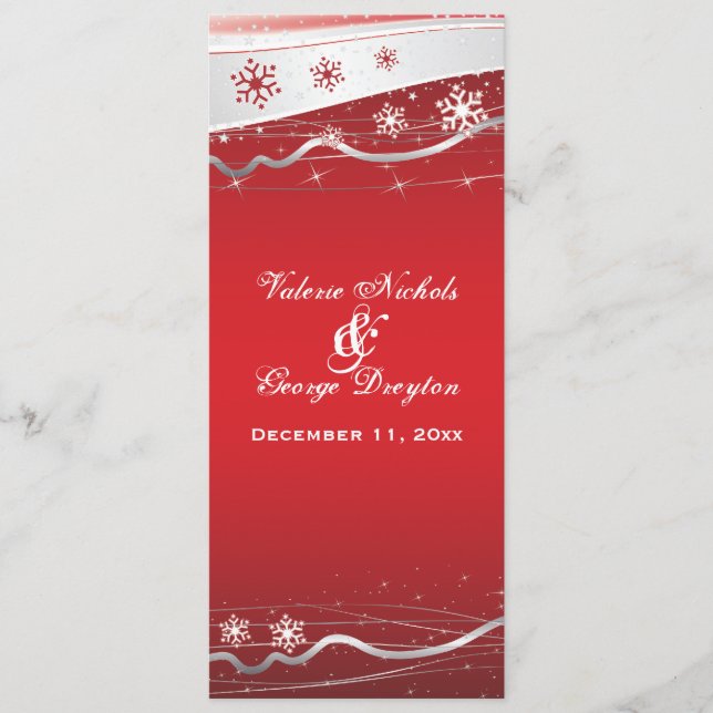 Red, silver grey snowflake wedding program card (Front)