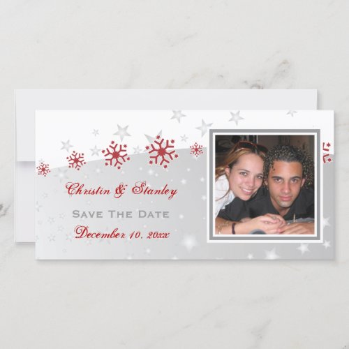 Red silver grey snowflake wedding Save the Date