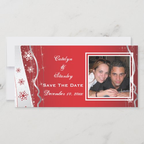 Red silver grey snowflake wedding Save the Date