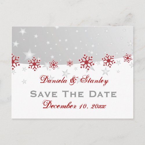 Red silver grey snowflake wedding Save the Date Announcement Postcard