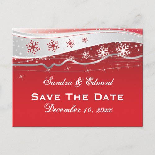 Red silver grey snowflake wedding Save the Date Announcement Postcard