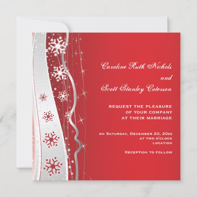 Red, silver grey snowflake winter wedding invitation (Front)