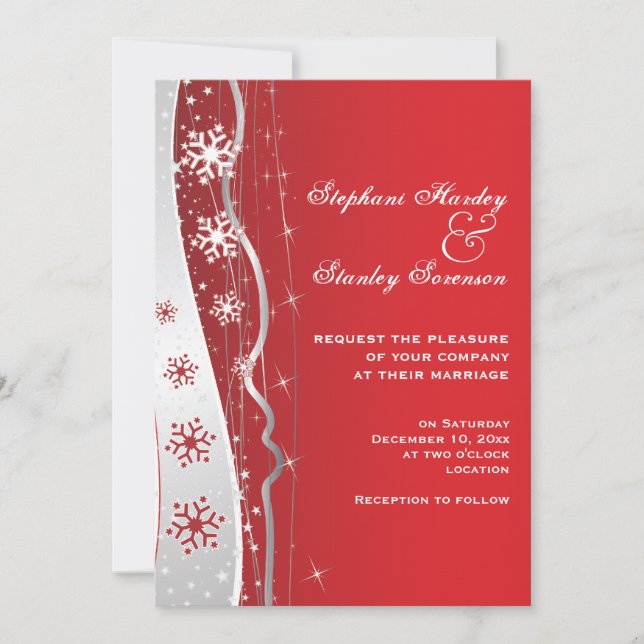 Red, silver grey snowflake winter wedding invitation (Front)