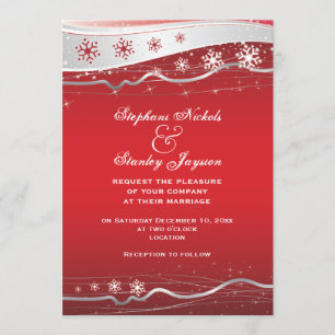 Red, silver grey snowflake winter wedding invitation