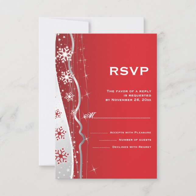 Red, silver grey snowflake winter wedding RSVP (Front)