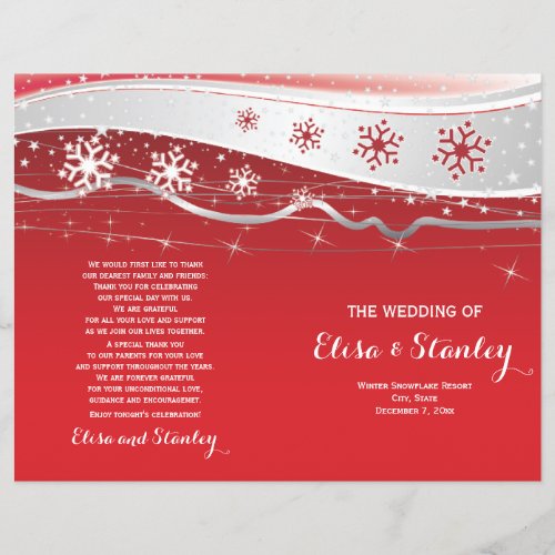 Red silver grey snowflakes folded wedding program