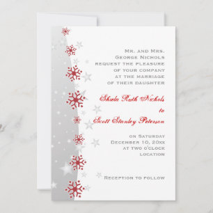 Red silver grey white snowflake wedding invitation