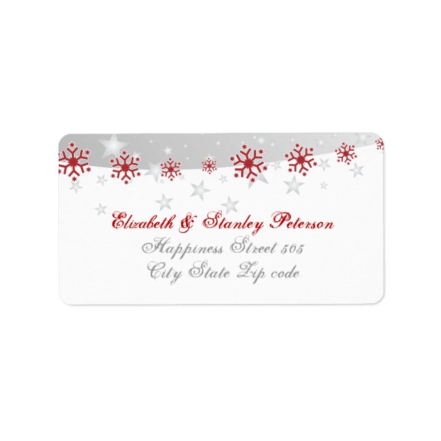 Red silver grey white snowflake wedding label (Front)