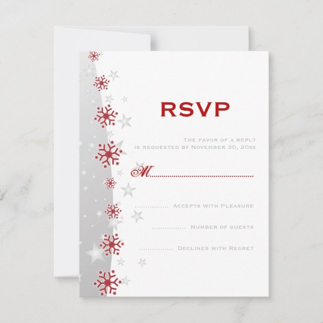 Red silver grey white snowflake wedding RSVP (Front)