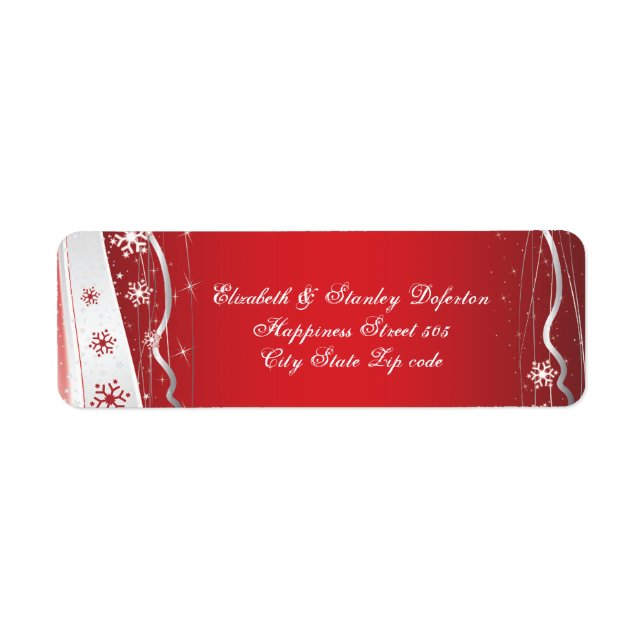 Red, silver grey, white snowflake winter wedding label (Front)