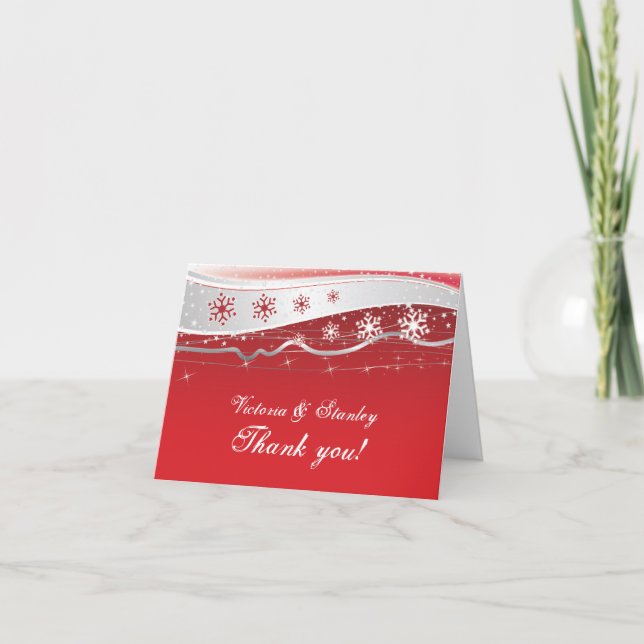 Red, silver grey winter wedding Thank You (Front)