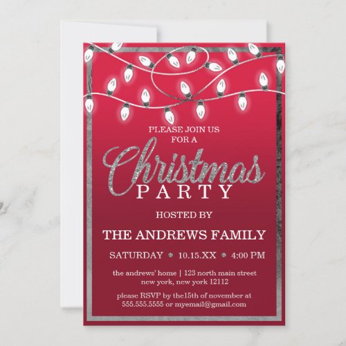 Red Silver Hanging Lights Glitter Christmas Party Invitation