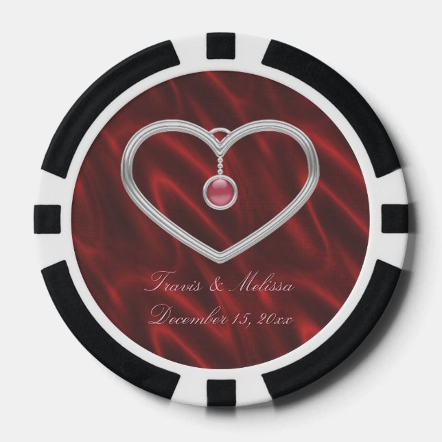 Red Silver Heart 3Your Name Wedding Favors Poker Chips (Front)