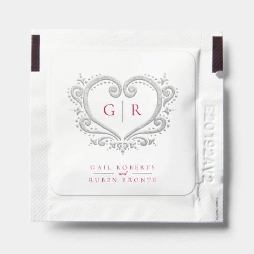 Red silver heart monogram custom winter wedding hand sanitizer packet
