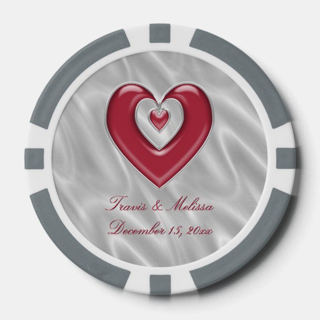 Red Silver Heart Your Name Wedding Favors Poker Chips (Front)
