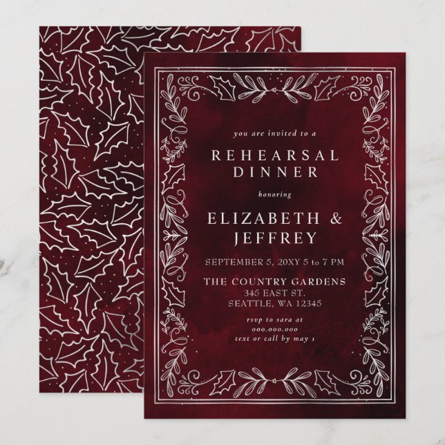 Red Silver Holly Christmas Rehearsal Dinner Invitation (Front/Back)