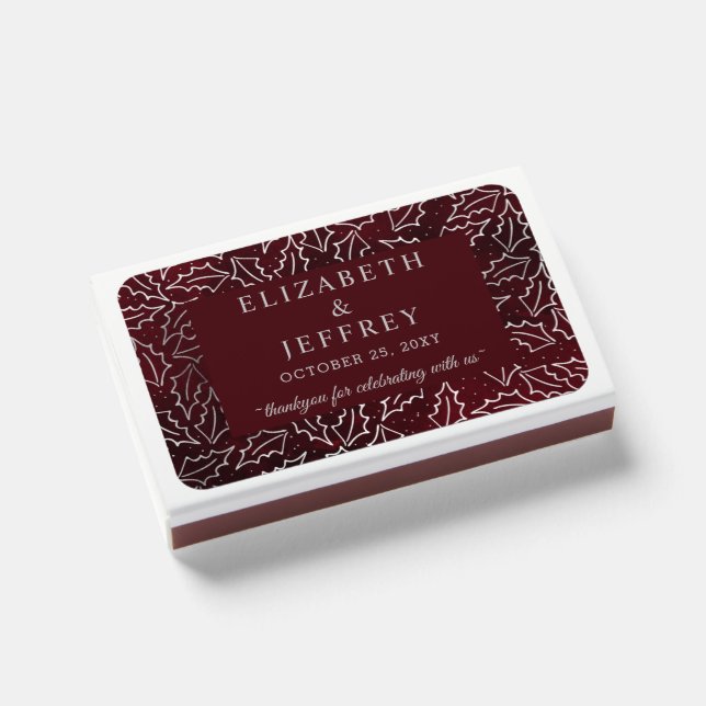 Red Silver Holly Leaves Winter Wedding Matchboxes (Front Closed)