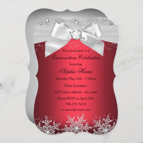 Red Silver Jewel Bow Snowflake Quinceanera Invitation