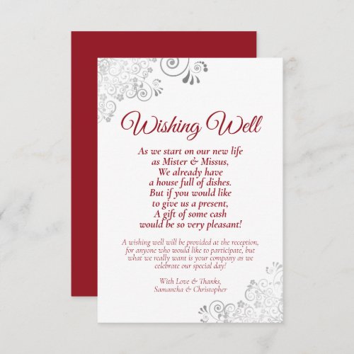 Red  Silver Lace White Wedding Wishing Well Poem Enclosure Card
