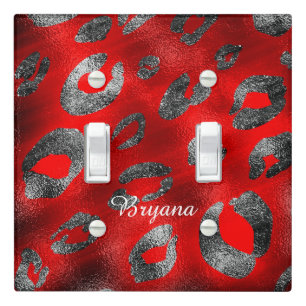 Red & Silver Leopard Print Glam Chic Light Switch Cover
