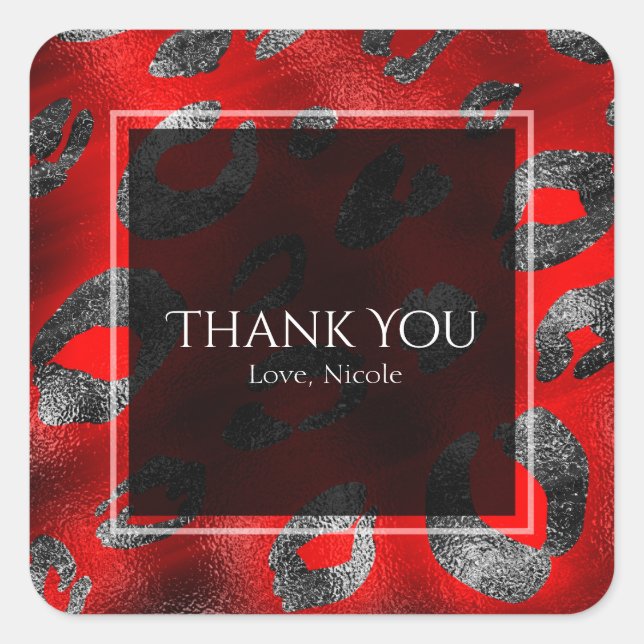 Red & Silver Leopard Print Party Favor Square Sticker (Front)