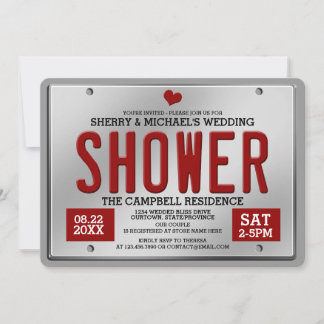 Red/Silver License Plate Wedding Shower Invitation