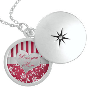Red, Silver "Love you Mom" Sterling Silver Locket Necklace