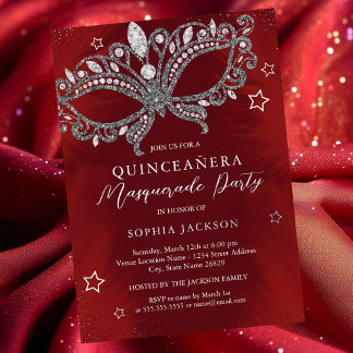 Red Silver Masquerade Mask Star Quinceanera Foil Invitation