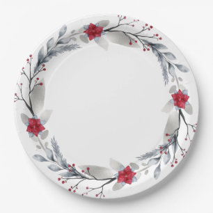 Red, Silver Merry Christmas Wreaths Paper Plates