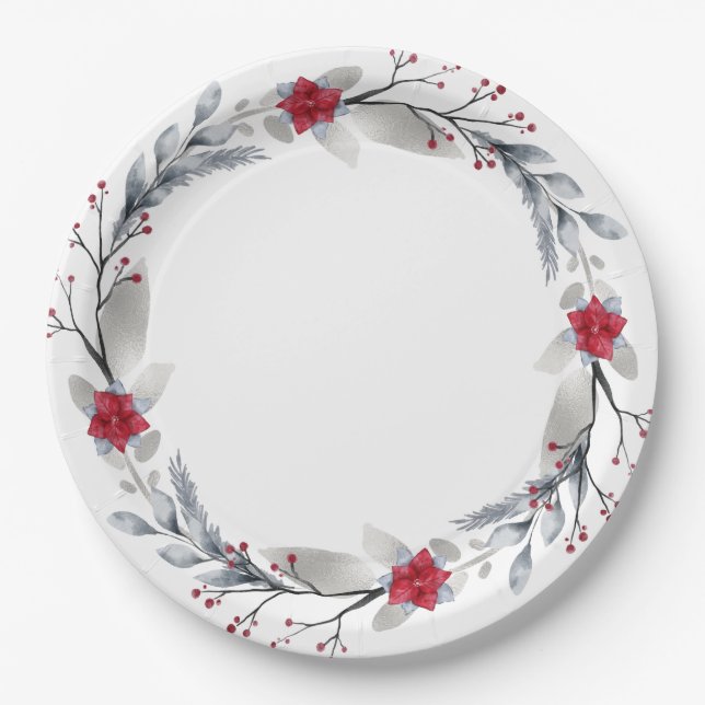 Red, Silver Merry Christmas Wreaths Paper Plates (Front)