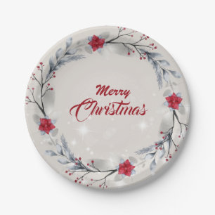 Red, Silver Merry Christmas Wreaths Paper Plates