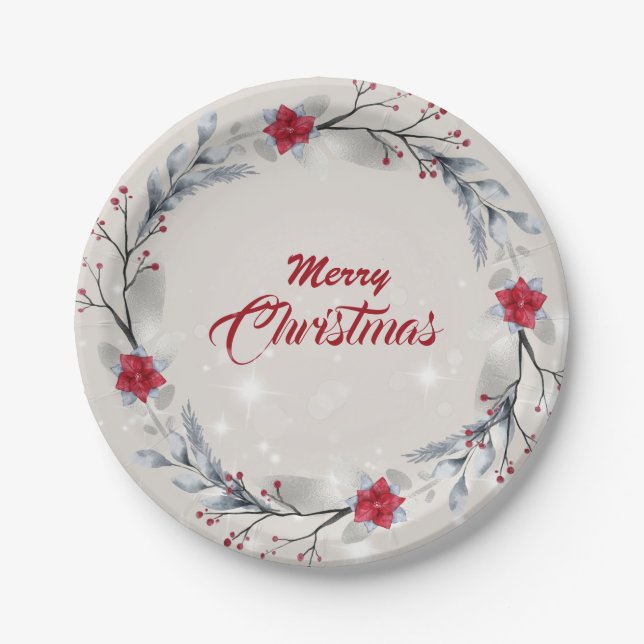 Red, Silver Merry Christmas Wreaths Paper Plates (Front)