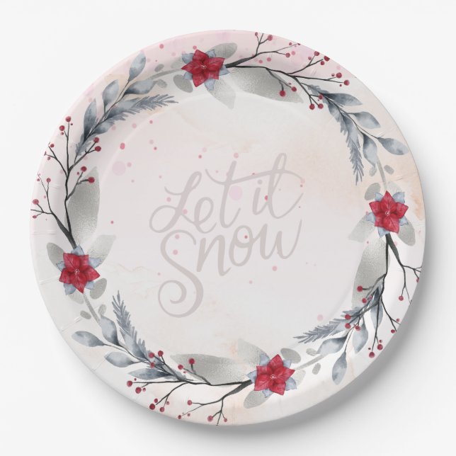 Red, Silver Merry Christmas Wreaths Paper Plates (Front)
