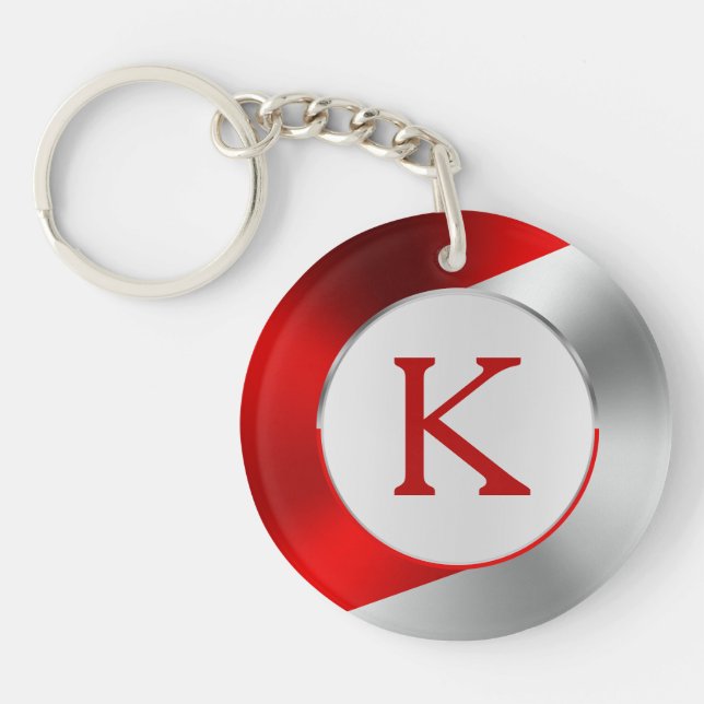 Red & Silver Modern Metallic Geometric design Keychain (Front)